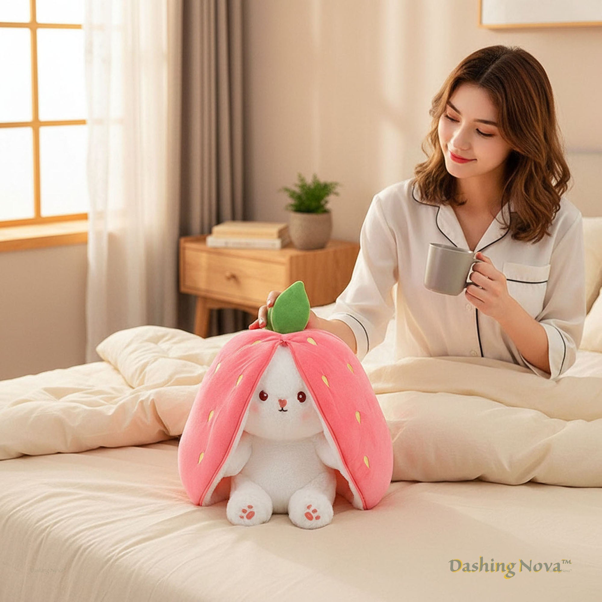Reversible Strawberry Bunny Plush Toy Soft Polyester Stuffed Animal for Kids Hide and Seek Transforming Toy