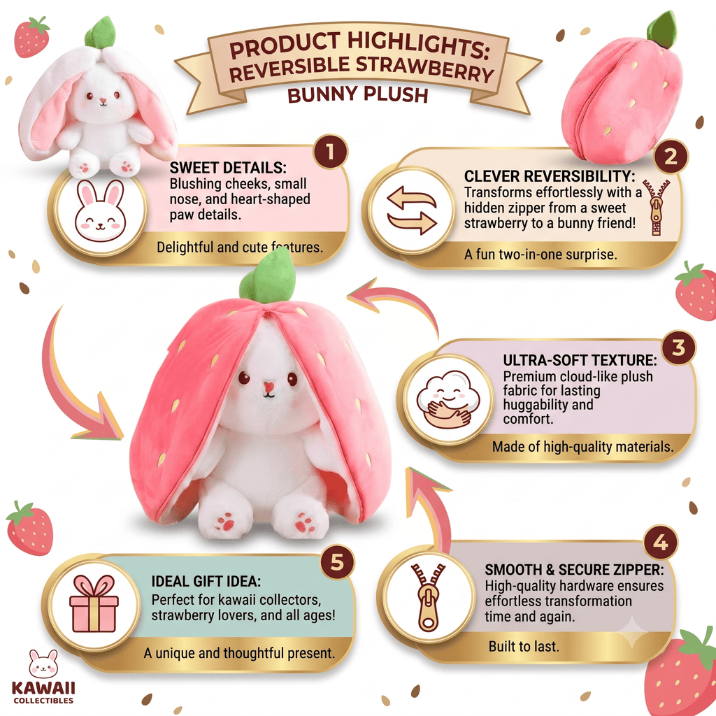 Reversible Strawberry Bunny Plush Toy Soft Polyester Stuffed Animal for Kids Hide and Seek Transforming Toy